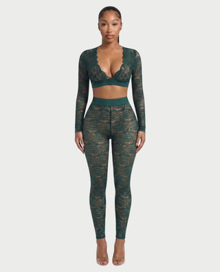 KAMARIA Lace Plunge Neckline Top & Tights Set