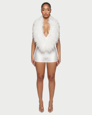LANNY Deep V Neck Faux Feather Satin Romper