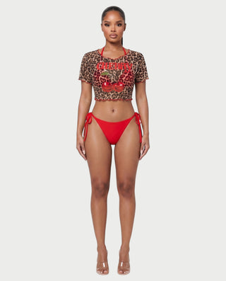 ZALMA Leopard Mesh Top & Triangle Bikini Three-Piece Set