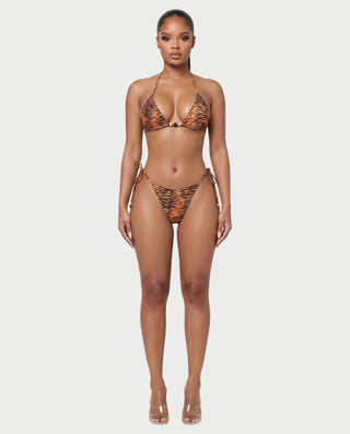 MIRAYA Tiger Print Beaded Triangle Tie-Side Bikini Set