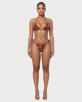 MIRAYA Tiger Print Beaded Triangle Tie-Side Bikini Set