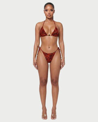 MIRAYA Tiger Print Beaded Triangle Tie-Side Bikini Set