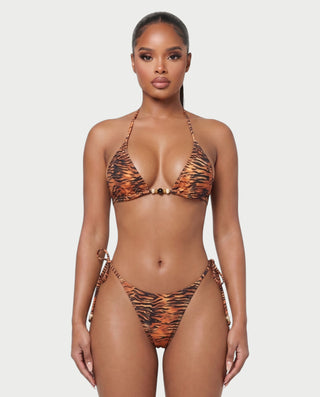 MIRAYA Tiger Print Beaded Triangle Tie-Side Bikini Set