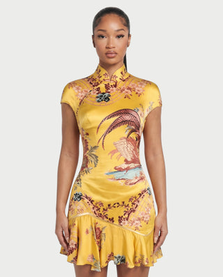 VALENZA Floral Crane Collar Ruffle Hem Mini Dress