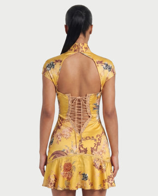 VALENZA Floral Crane Collar Ruffle Hem Mini Dress