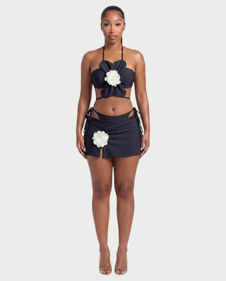 MARISOL Three-Piece Floral Appliqué Bikini Skirt Set