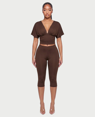 SALEN Plunge Flutter Sleeve Top & Capri Leggings Set