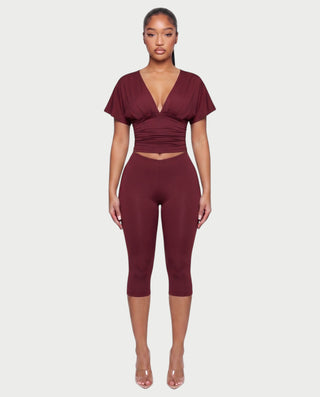 SALEN Plunge Flutter Sleeve Top & Capri Leggings Set
