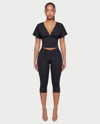 SALEN Plunge Flutter Sleeve Top & Capri Leggings Set