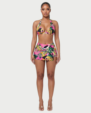 ARLITA Abstract Print Halter Bra Top & Mini Shorts Set