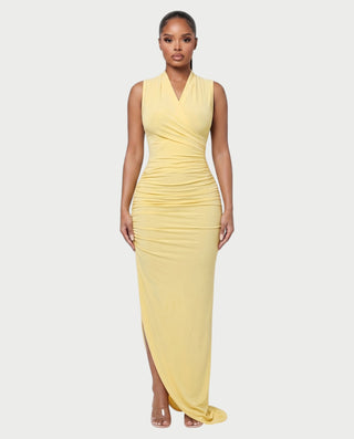 DELYANA Ruched Wrap V-Neck Bodycon Maxi Dress
