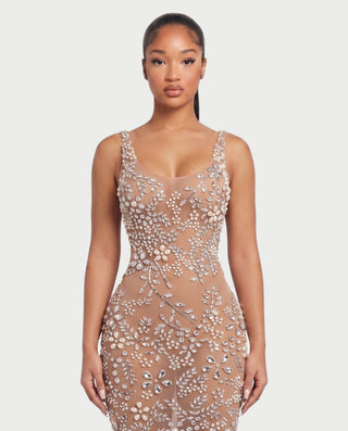 LATTIA Crystal Rhinestone Floral Scoop-Back Bodycon Maxi Dress