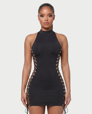 CALLARI Mock Neck Lace-Up Side Bodycon Mini Dress