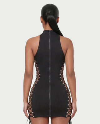 CALLARI Mock Neck Lace-Up Side Bodycon Mini Dress