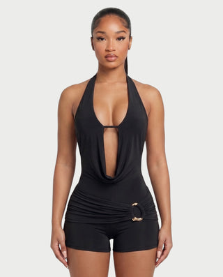 NISHKA Halter Draped Beaded Open-Back Romper