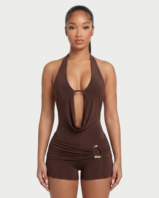NISHKA Halter Draped Beaded Open-Back Romper