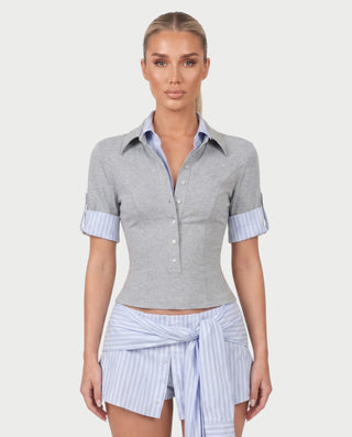 SANVINA Contrast Collar Polo Top & Tie-Waist Skort Set