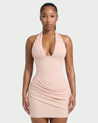 RESSI Ruched Halter Open-Back Mini Dress