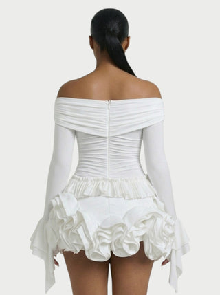 URELLE Off-Shoulder Ruched Top & Ruffle Mini Skort Set