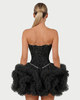 KLARINA Feather Corset Ruffle Tulle Mini Dress