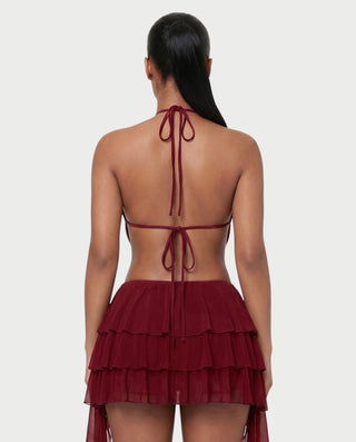 MARVILA Halter Drape Top & Sheer Ruffle Mini Skirt Set