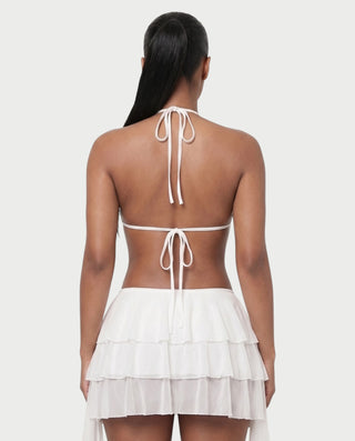 MARVILA Halter Drape Top & Sheer Ruffle Mini Skirt Set