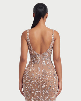 LATTIA Crystal Rhinestone Floral Scoop-Back Bodycon Maxi Dress
