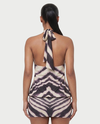 THERANA Zebra Print Halter Open-Back Mini Dress