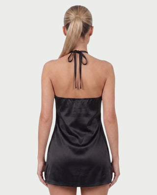 CAMRINA Satin Lace Halter Open-Back Mini Dress