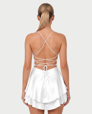 TANIYA Satin Lace-Up Open-Back Mini Dress
