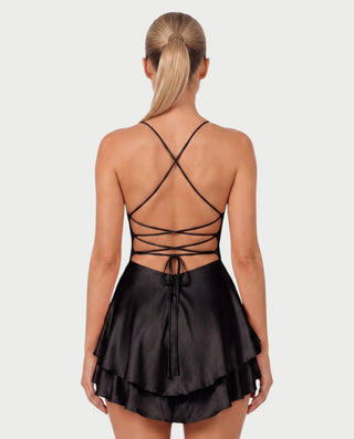 TANIYA Satin Lace-Up Open-Back Mini Dress