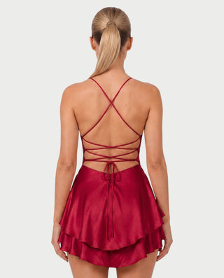 TANIYA Satin Lace-Up Open-Back Mini Dress