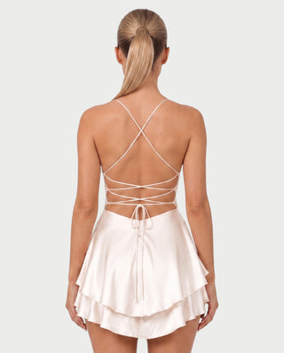 TANIYA Satin Lace-Up Open-Back Mini Dress