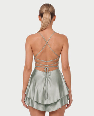 TANIYA Satin Lace-Up Open-Back Mini Dress