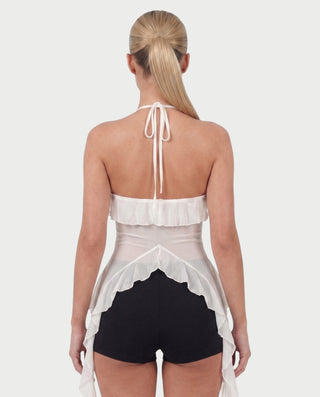 THELMA Sheer Halter Tie-Front Ruffle Top