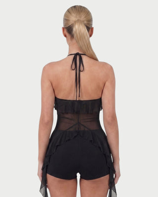 THELMA Sheer Halter Tie-Front Ruffle Top