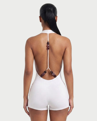 NISHKA Halter Draped Beaded Open-Back Romper
