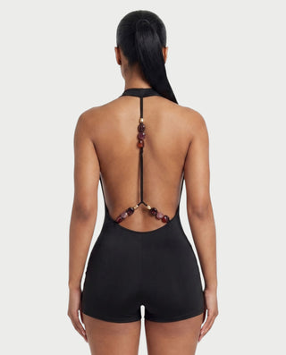NISHKA Halter Draped Beaded Open-Back Romper