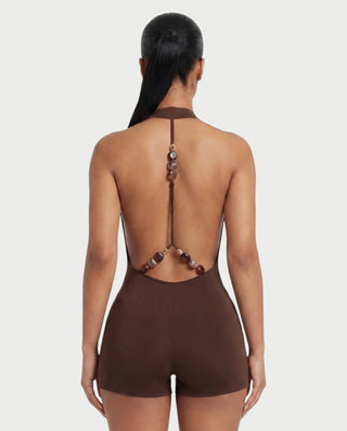 NISHKA Halter Draped Beaded Open-Back Romper
