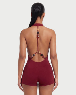 NISHKA Halter Draped Beaded Open-Back Romper
