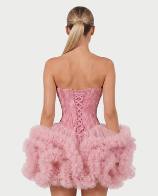 KLARINA Feather Corset Ruffle Tulle Mini Dress