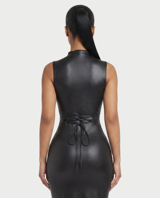 AUDREY Faux Leather Lace-Up Back Maxi Dress