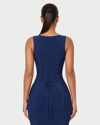 ELIZANA Lace Trim Lace-Up Back Midi Dress