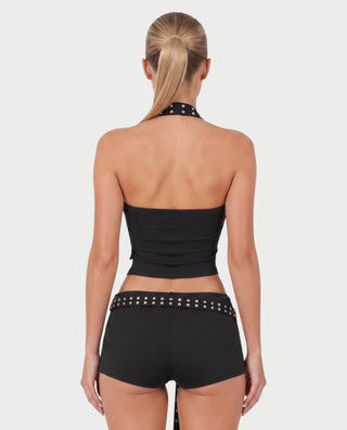 OLIVETTE Studded Halter Top & Belted Shorts Set