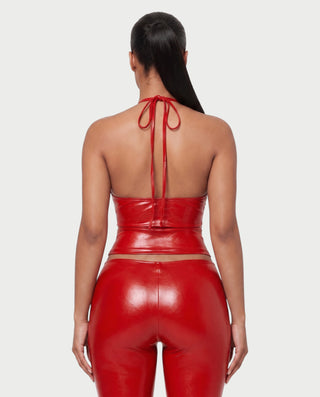 ALVIDA Faux Leather Plunge Halter Top & Capri Pants Set