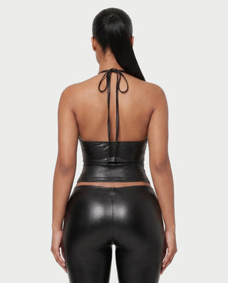 ALVIDA Faux Leather Plunge Halter Top & Capri Pants Set
