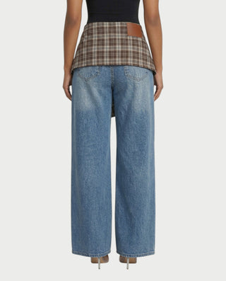 ESSIA Plaid Waist Straight-Cut Denim Pants