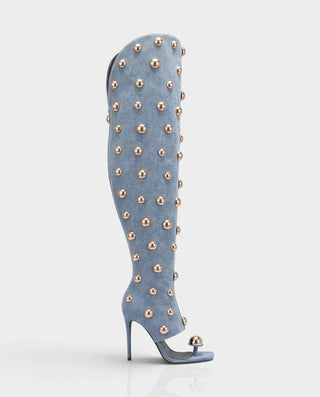 ESTELLA Studded Thong Toe Denim Thigh-High Heel Boots
