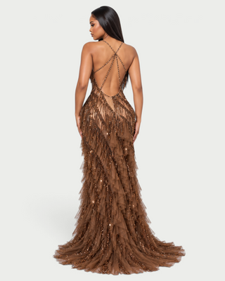 KLARICE High Slit Beaded Fringe Ruffle Maxi Dress
