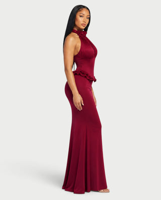MINETTE High Neck Ruffle Trim Fitted Maxi Dress